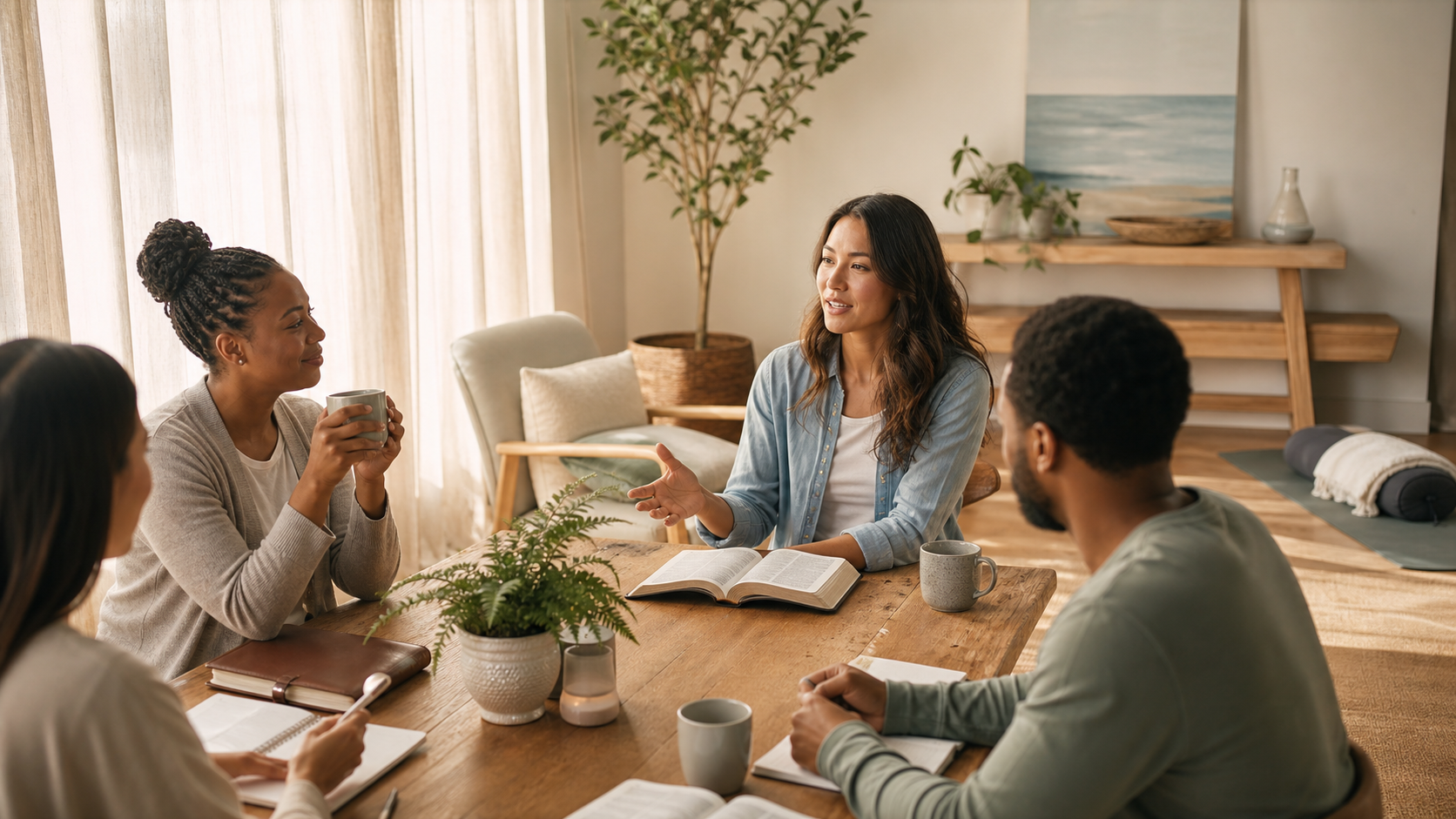 A peaceful Christian wellness group gathered around a table with journals and tea